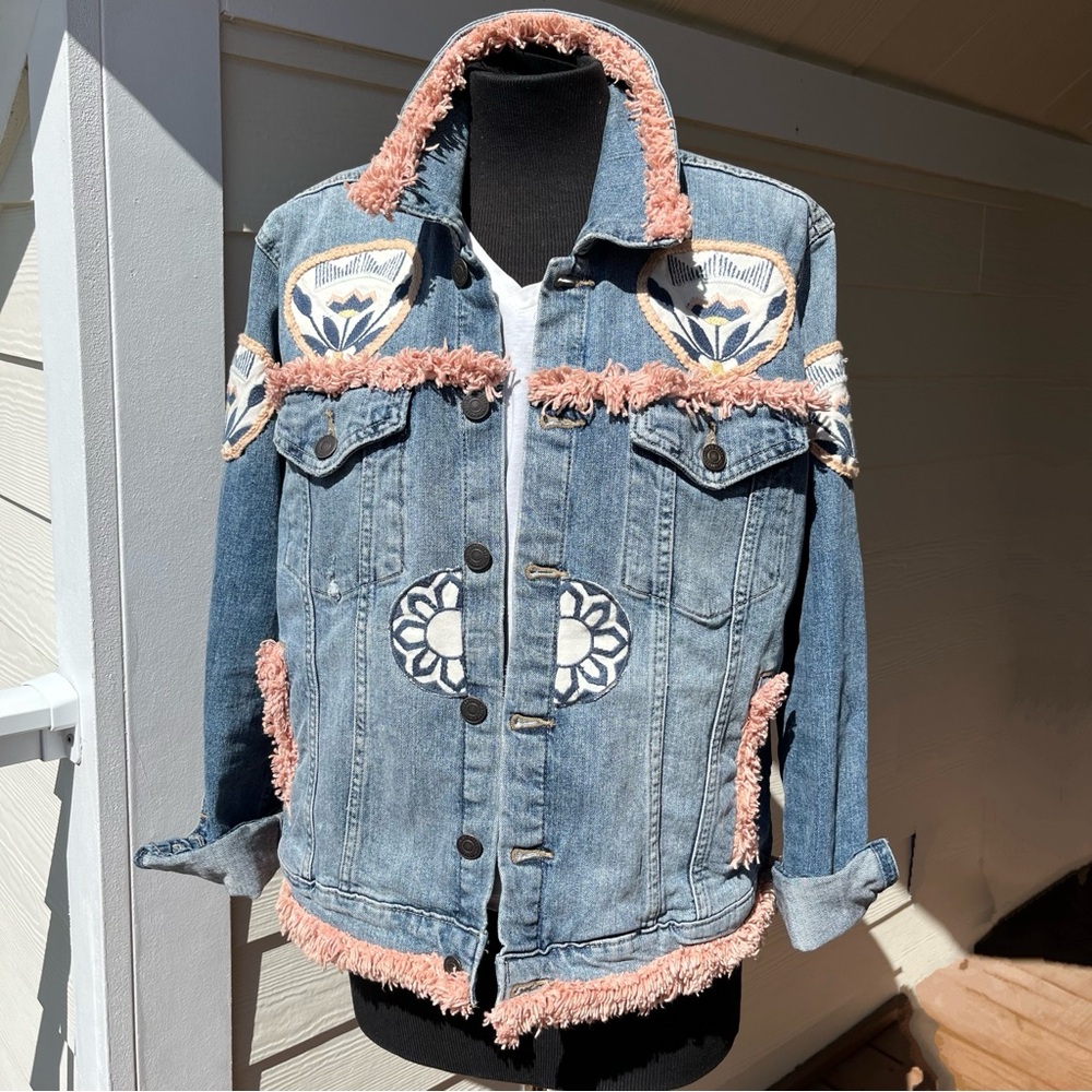 Embroidered Denim Jacket with Pink Fringe